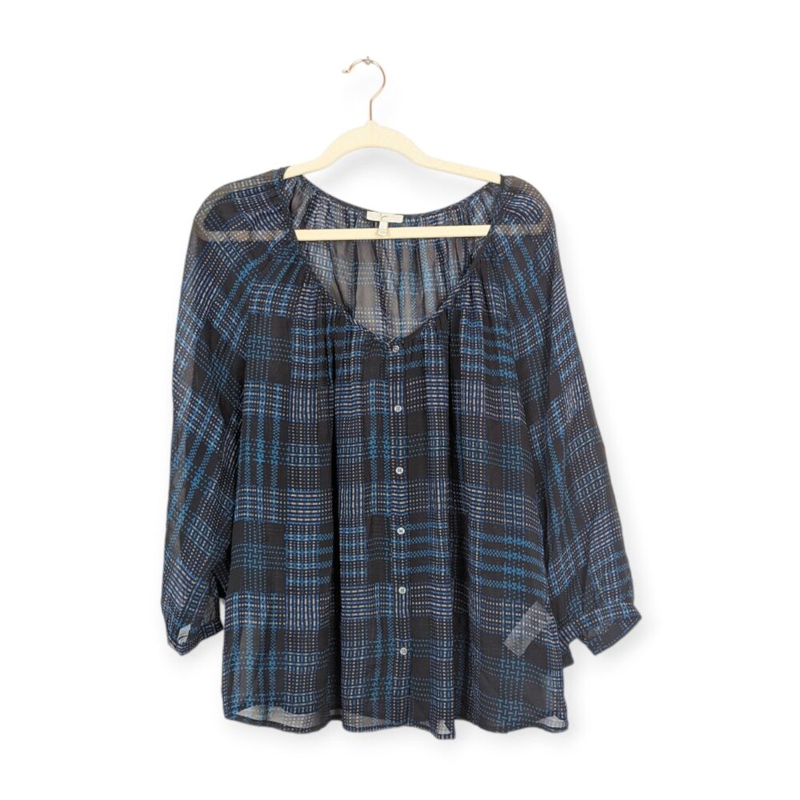 Joie Vorda Blouse L Black Blue Silk Plaid Semi Sheer Button Front